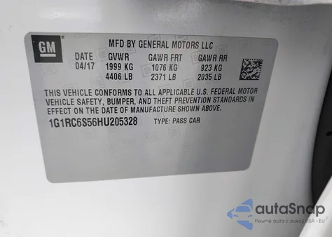 2017 Chevrolet Volt Lt из США, поврежденный, VIN 1G1RC6S56HU205328